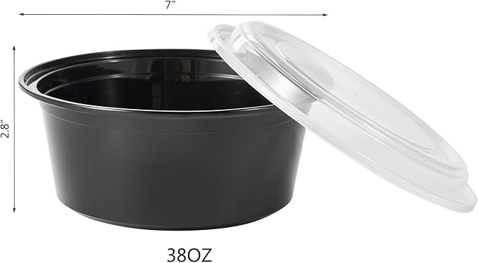 38 oz 50 ct Round Meal Prep Containers with Lids Plastic Food Storage To Go Lunch Plan Box Disposable Take Out Bowls Black BPA Free Reusable Durable Stackable Microwave Freezer Dishwasher Safe - Image 2