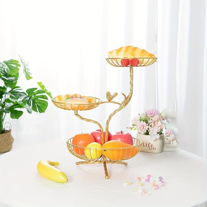 3-Tier Fruit Basket Holder Decorative Fruit Bowl Rack Metal Stand Table Countertop Holder for Vegetables Bread Snack for Kitchen Home Use, Gold (Type E) - Image 3