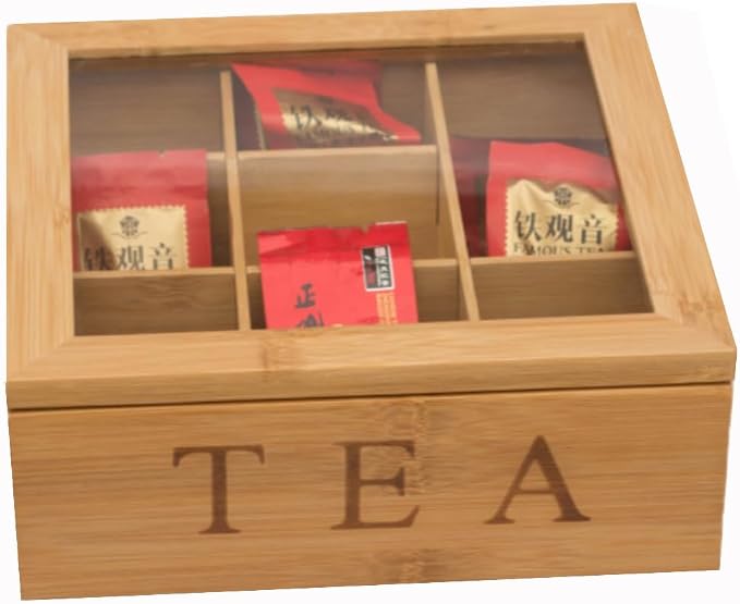Tea Box Organizer,Bamboo Tea Box Organizer Storage Box,Wooden Teas Bag Storage with 9 Compartments and Clear Glass Cover for Home Office Gift - Image 2
