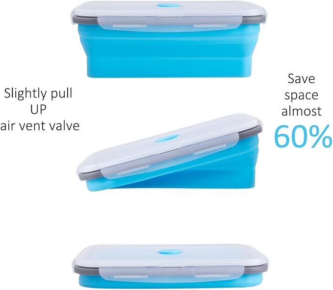 Collapsible Food Storage Containers with Airtight Lid & Air Vent, 40.5 oz, Kitchen Stacking Silicone Collapsible Meal Prep Container Set for Leftover, Microwave Freezer Dishwasher Safe, Blue, Set of 4 - Image 4