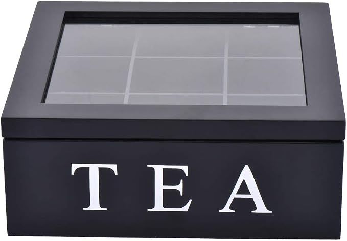 Wood Tea Storage Box, Teabag Storing 9 Compartments Wooden Tea Box Hinged Glass Lid Tea Organizer-Black - Image 2