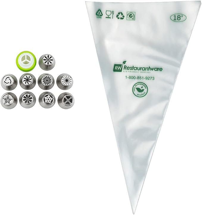 Restaurantware Pastry Tek Russian Piping Tips Set 20 Piece Durable Cake Decorating Kit - 9 Piping Tips 10 Piping Bags Stainless Steel Piping Bags And Tips Set 1 Tri-Color Coupler - Image 5