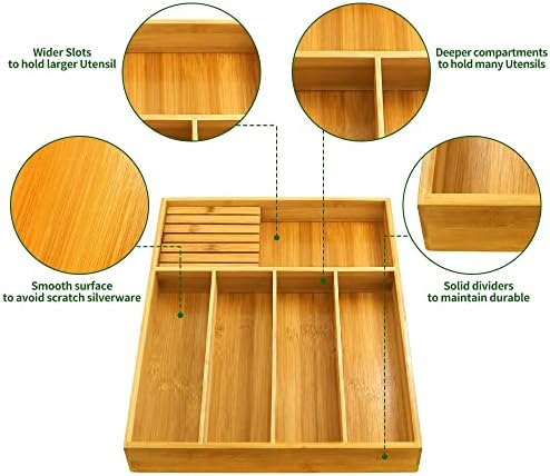 VaeFae Bamboo Silverware Drawer Organizer with Knife Block Set - Image 6