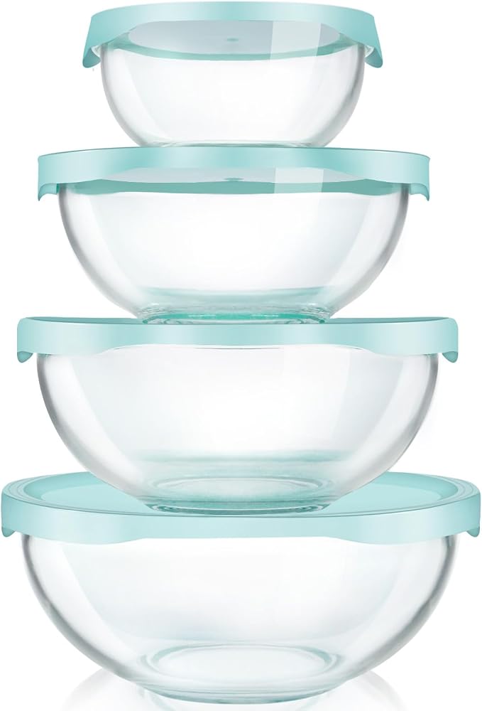 Luvan Borosilicate Clear Glass Mixing Bowls with Lids Set of 4 (0.53qt, 1.1qt, 2.1qt, 3.7qt), Space Saving Nesting Bowls Large Kitchen Salad Bowls for Meal Preping,Baking,Mixing,Dishwasher Safe by Luvan
