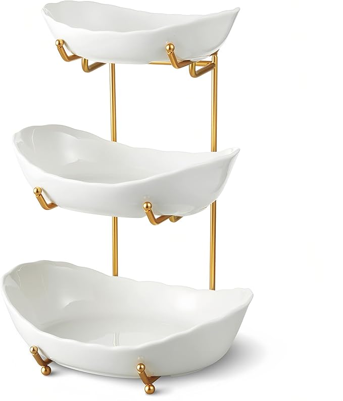 Ceramic Fruit Bowl for Kitchen Counter - 3 Tier Fruit Basket with Metal Stand, Tiered Fruit Stand for Countertop, Snack, Nuts, Cake, Dessert, Cute (Gold, Small) 1 by MakeYourHomeCozier%EF%BC%81