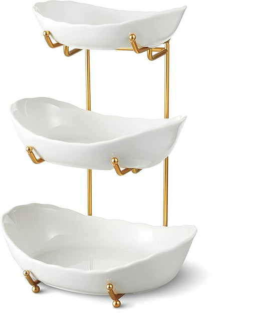 Ceramic Fruit Bowl for Kitchen Counter - 3 Tier Fruit Basket with Metal Stand, Tiered Fruit Stand for Countertop, Snack, Nuts, Cake, Dessert, Cute (Gold, Small) 1 by MakeYourHomeCozier%EF%BC%81