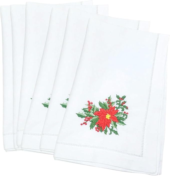 Embroidered Cloth Napkin Red Poinsettia and Berry Christmas Cotton Napkins Set of 6, 20 x 20 Hemstitch Table Napkins Machine Washable, Daily & Holidays, Great Gift Ideas by Unknown
