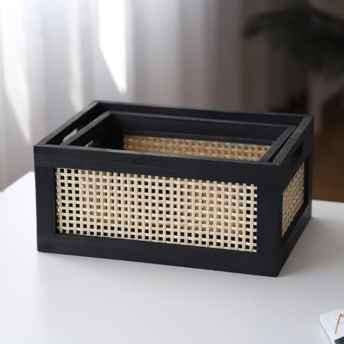 Wood Baskets, Rattan Storage Baskets for Organizing, Black, Set of 2 - Image 2