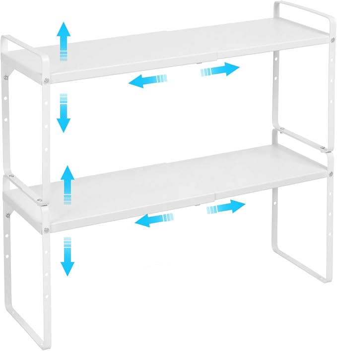 Set of 2 Expandable Cabinet Shelf Organizer, Stackable Kitchen Countertop Shelves Spice Racks, Small Storage Shelf For Cupboard Counter Tabletop, 30 LBS Heavy Duty, Adjustable, 13.8" to 21.6" Long by X-cosrack