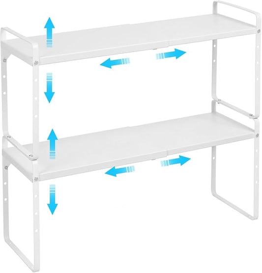 15.5 to 25.5 Inch Expandable Kitchen Cabinet Organizer Shelf, 30 LBS Heavy Duty Stackable Kitchen Counter Storage Shelves Organizers, 2 Pack Adjustable Small Storage Shelf Rack For Cabinet Cupboard by X-cosrack