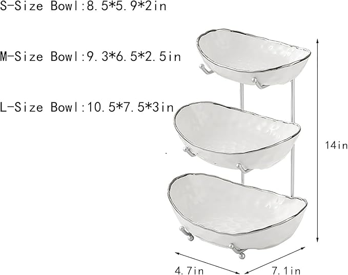 3-Tier Fruit Bowls for Kitchen Counter,White Ceramic Bowl with Silver Metal Stand,3 Tier Fruit Basket for Fruit,Snack,Cake,Nuts,Dessert Storage - Image 2