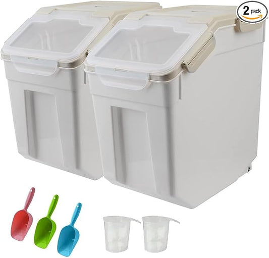 25LB Large Flour Storage Container Bin ,2 Pack Airtight Plastic with Wheels Seal Locking Lid Dispenser Organizer Storage Bin with Measuring Cup & Scoop for Flour, Rice, Grain 50LBS Total by YXQ