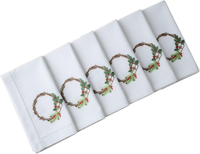 – Embroidered Cloth Napkin Holly Christmas Wreath & Gift Box Cotton Napkins Set of 6, 20 x 20”, Hemstitch Table Napkins, Machine Washable, Daily & Holidays, Great Gift Ideas - Image 9