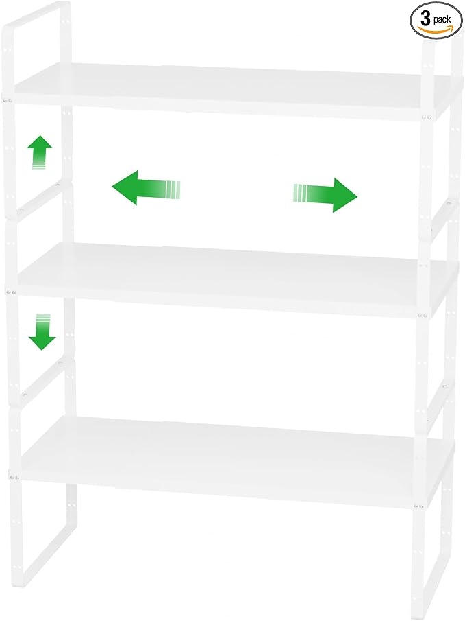 Cabinet Organizer Shelves,Expandable Pantry Counter Shelves,Stackable Under Sink Inside Cabinet Storage Spice Racks for Kitchen Bathroom Home Office,3 Packs,10.24" D,White by WEJIPP