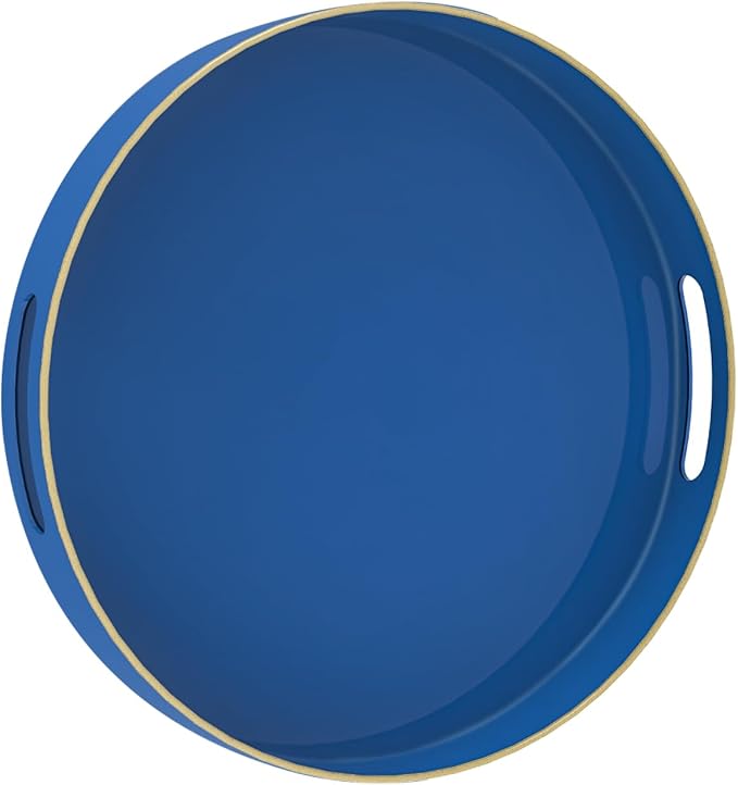 13" Blue Decorative Tray, Plastic Round Serving Tray with Handles | Decorative Tray for Coffee Table, Modern Ottoman Tray, Circle Tea Tray, Round Melamine Tray for Living Room, Bathroom by MAONAME