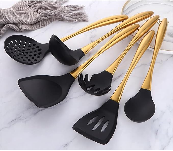 Silicone Cooking Utensil Set, 6 pcs Silicone Cooking Kitchen Utensils Set, Non-stick Kitchen Cookware Titanium Stainless Steel Handle with Utensil Holder, Spatula Set for Cooking -Silver - Image 8