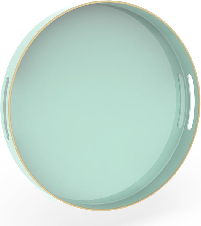 13" Mint Green Decorative Tray, Round Serving Tray with Handles | Plastic Decorative Tray for Coffee Table, Modern Ottoman Tray, Circle Tea Tray, Round Melamine Tray for Living Room, Bathroom by MAONAME