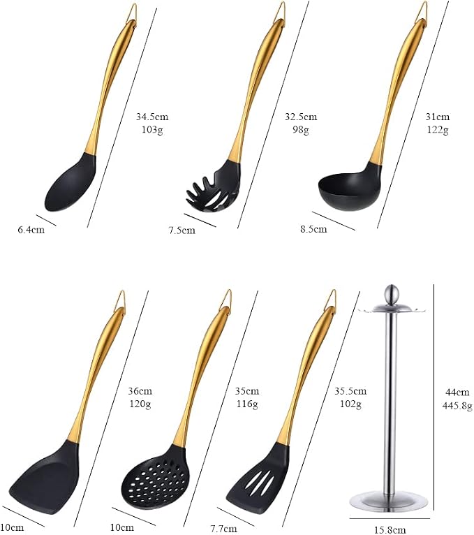 Silicone Cooking Utensil Set, 6 pcs Silicone Cooking Kitchen Utensils Set, Non-stick Kitchen Cookware Titanium Stainless Steel Handle with Utensil Holder, Spatula Set for Cooking -Rose Gold - Image 3