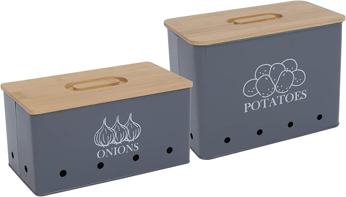 Potato Onion Storage Box, Food Container Sets, Storage Canisters for Vegeatables, Set of 2 Jars Pots Containers, Potato & Onion Bin with Aerating Tin Storage Holes & Bamboo Lid-Gray by Xbopetda