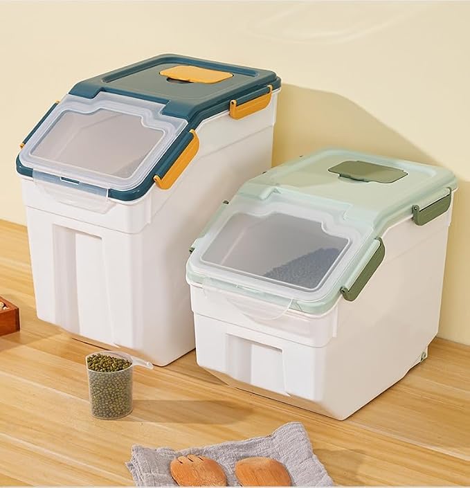 Airtight Rice Container Set 25 lbs, 4 Packs Flour Storage Containers with Wheels Seal Locking Lid, Food Storage Containers BPA Free with Measuring Cup & Scoop for Grain, Rice, Flour (Dark Blue) - Image 6
