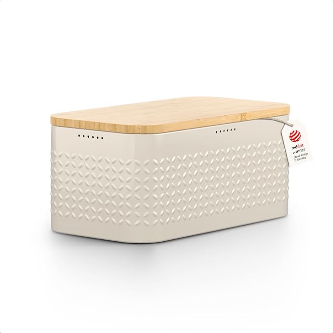 LARS NYSØM Bread Box I Metal bread box for long lasting freshness with non-slip pads I Baked goods Bin with bamboo lid usable as cutting board I 13.6x7.3x6.2in (Cream Beige) by LN