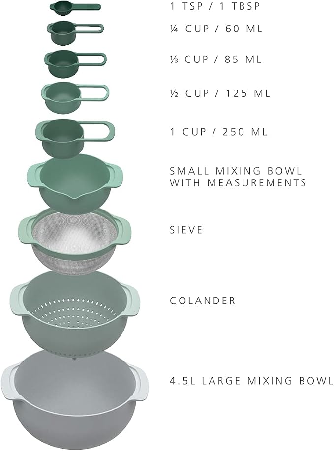 Joseph Joseph Nest 9 Plus, 9 Piece Compact Food Preparation Set with Mixing Bowls, Measuring cups, Sieve and Colander, Editions Range, Sage Green - Image 2