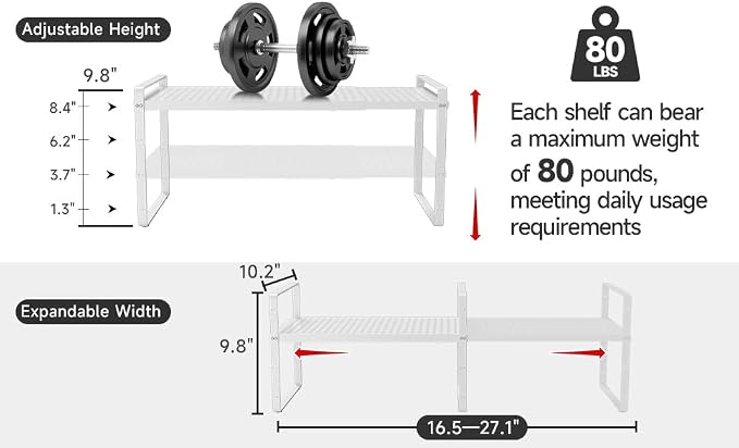 16.5~27.1" Expandable Shelf with Hole，1Pack 8.1" Wide Stackable Cabinet Shelves，White - Image 6