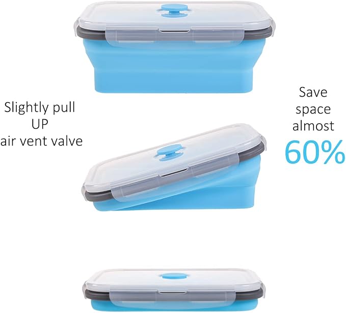 Collapsible Food Storage Containers with Airtight Lid & Air Vent, 4 Sizes, Kitchen Stacking Silicone Collapsible Meal Prep Container Set for Leftover, Microwave Freezer Dishwasher Safe, Blue, Set of 4 - Image 3