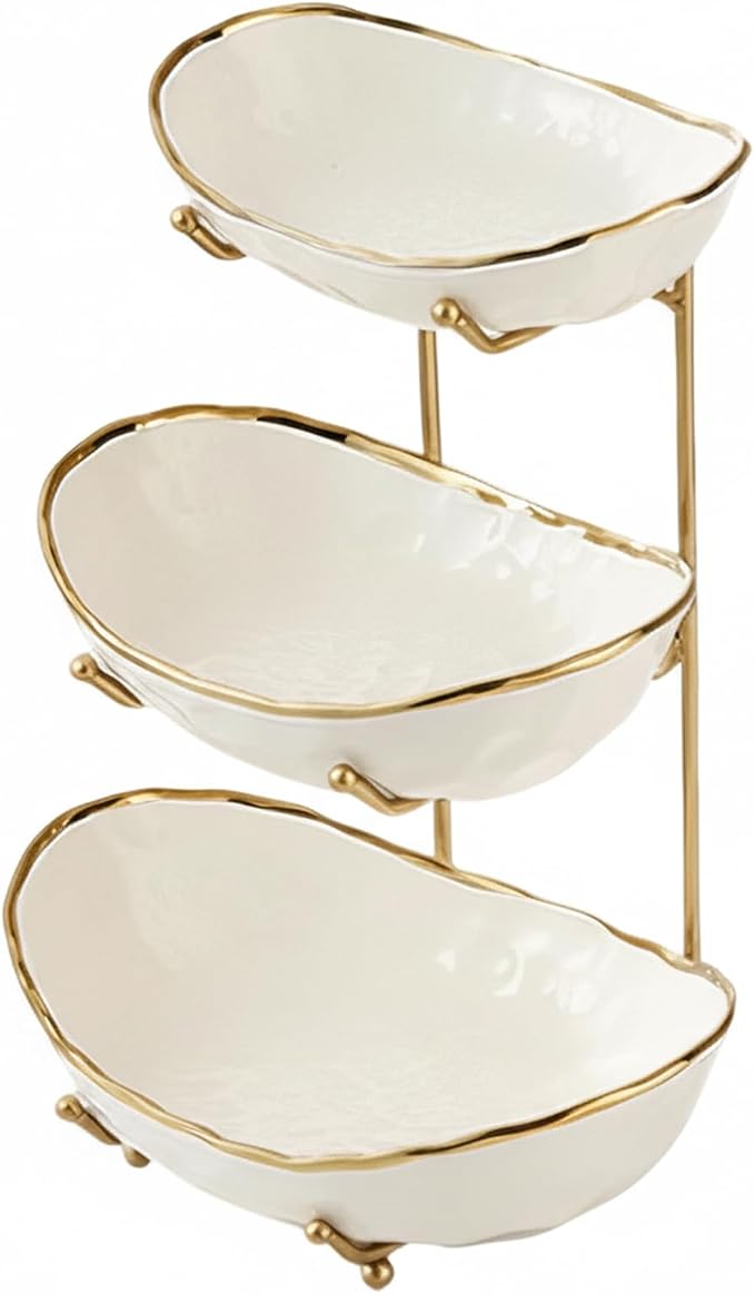 Fruit Bowl 3-Tier Ceramic With Gold Metal Stand Large Space Saving | Decorative Fruit Basket, Large Capacity, Space Saving Design, Ideal For Kitchen And Dining by Tmore
