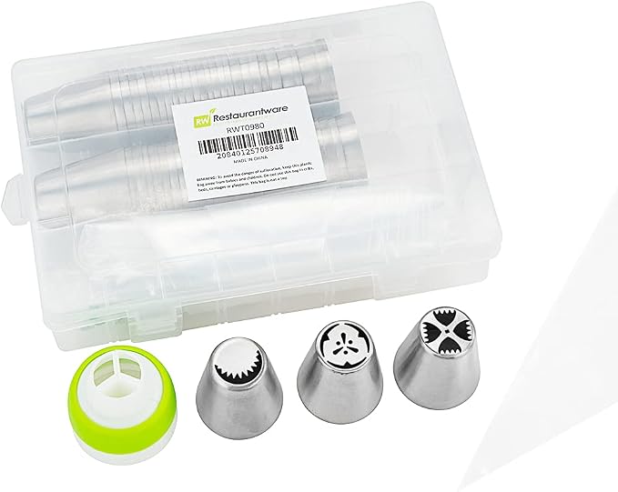Restaurantware Pastry Tek Russian Piping Tips Set 68 Piece Durable Cake Decorating Kit - 57 Piping Tips 10 Piping Bags Stainless Steel Piping Bags And Tips Set 1 Tri-Color Coupler by Restaurantware