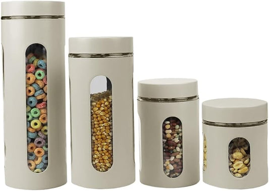 Retro Kitchen Canisters For Countertop (4 Piece Set) Grey By Home Basics - Glass with Metal Finish; See-Through Windows; Great For Flour, Coffee, Sugar, Dry Ingredients, Snacks | Glass Canister Set, Metal Finish, Clear Viewing Windows, Twist-Off Lids, ... by HomeBasics