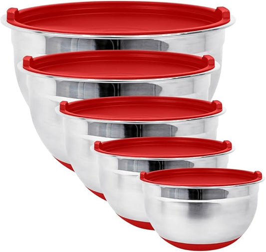 Stainless Steel Mixing Bowls with Lids and Non Slip Bases (Set of 5, Red) by Fitzroy+and+Fox