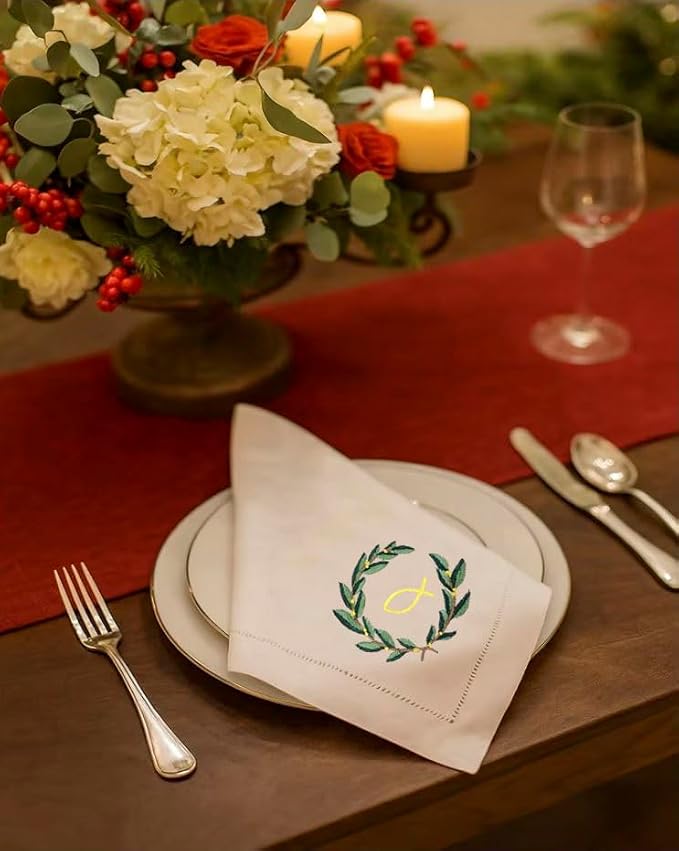 Embroidered Cotton Napkins Christmas 20x20 (Green Wreath) - Image 3