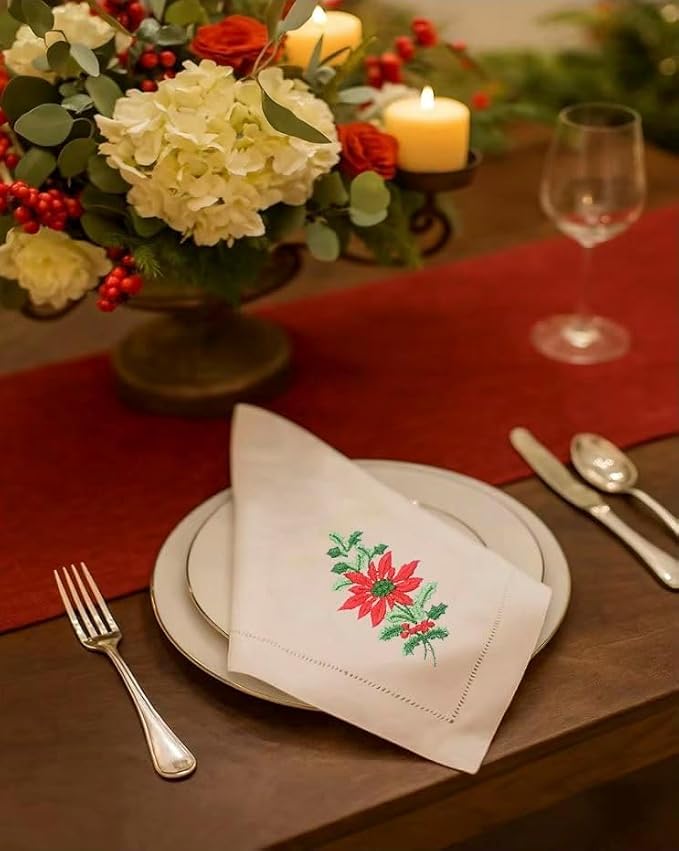 Embroidered Cloth Napkin Poinsettia and Holly Christmas Cotton Napkins Set of 6, 20 x 20 Hemstitch Table Napkins Machine Washable, Daily & Holidays, Great Gift Ideas - Image 8