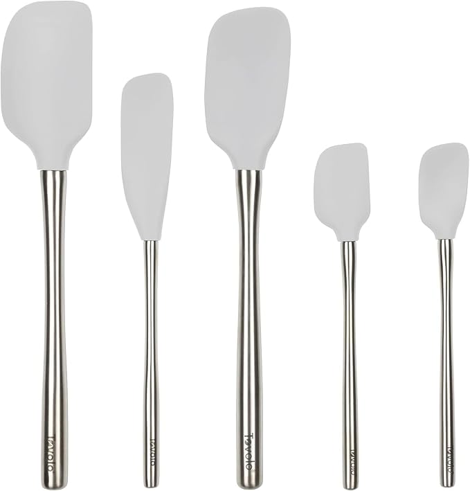 Tovolo Stainless Steel Handled Silicone Spatula Set of 5 Oyster Gray, Dishwasher Safe Kitchen Spatula Set for Cooking Baking, Non Toxic BPA Free Silicone Spatula set with Metal Steel Handle by Tovolo