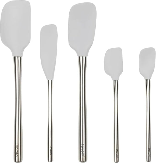 Tovolo Stainless Steel Handled Silicone Spatula Set of 5 Oyster Gray, Dishwasher Safe Kitchen Spatula Set for Cooking Baking, Non Toxic BPA Free Silicone Spatula set with Metal Steel Handle by Tovolo
