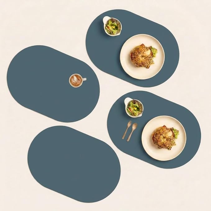 Steel Blue Oval Silicone Placemats Set of 4 – Heat Resistant, Waterproof, Easy to Clean Non-Slip Modern Dining Table Mats – Premium Leather Textured Japandi Kitchen Decor by Unknown