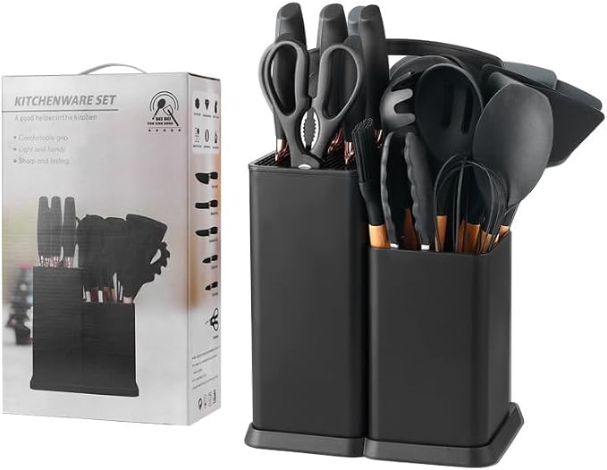 19 Pieces Kitchen Utensils and Knife Set with Block, Inldued 9 Pieces Silicone Cooking Utensils Set 5 Pieces Sharp Stainless Steel Chef Knives Scissors Whisk Tongs and Cutting Board (Black) - Image 9
