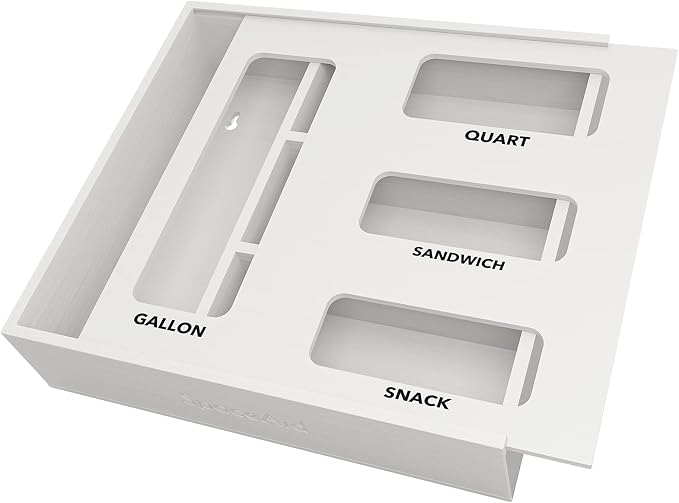 SpaceAid Bag Storage Organizer for Kitchen Drawer, Bamboo Organizer, Compatible with Gallon, Quart, Sandwich and Snack Variety Size Bag (1 Box 4 Slots), White by SpaceAid