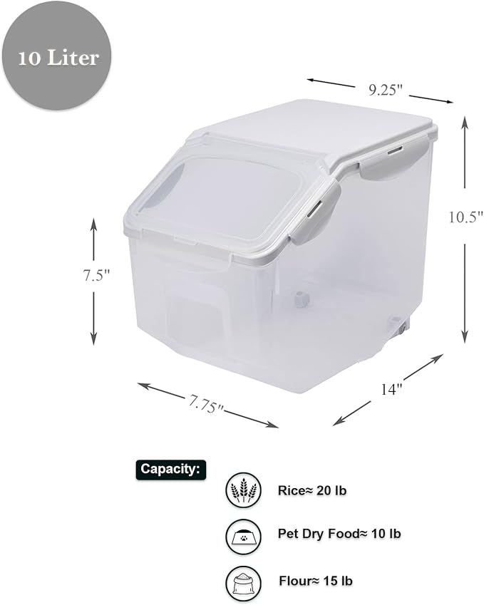 10 Liter / 20 lbs Rice Storage Container with Measuring Cup, BPA free, For Rice | Grain | Pet Food | Flour, 2 counts, Clear - Image 4