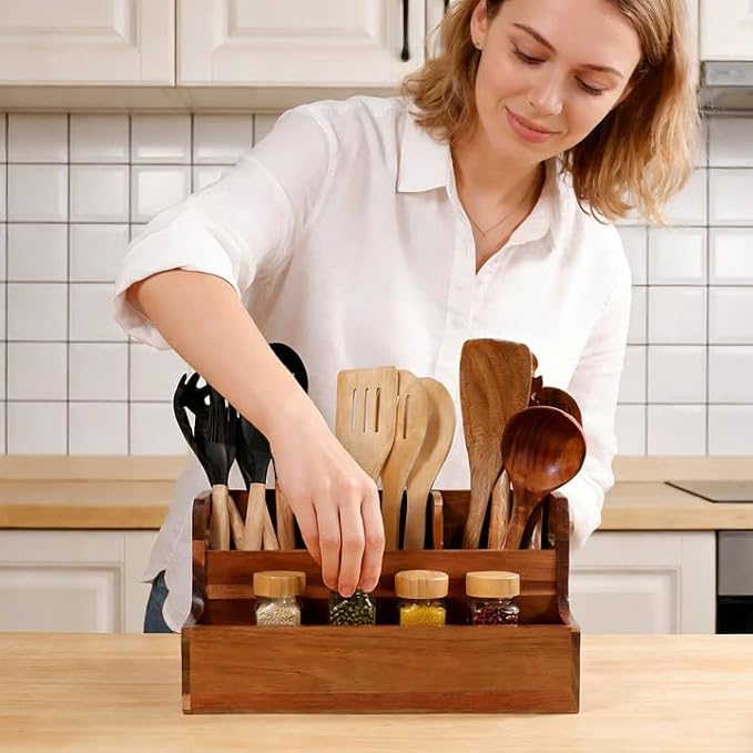 Kitchen Utensil Holder for Countertop with 4 Compartments Acacia Large Utensil Holder Wooden Storage for Cooking,Baking,Flatware Tool Kitchen Utensil Organizer. ﻿. - Image 4