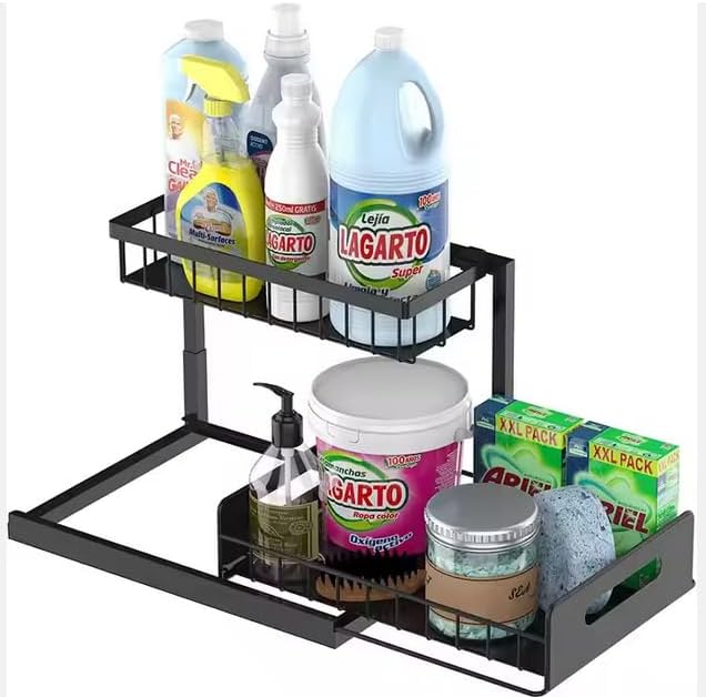 Under Sink Organizer 2-Pack Slide Out Drawer 2 Tier Storage Black Under Cabinet Kitchen Bath - Image 4