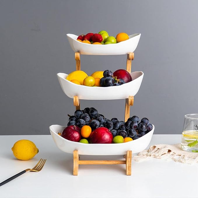 3 Tier Fruit Bowls For Kitchen Counter, Ceramic Fruit Basket Stand | Wooden Fruit Serving Tray, Large Capacity, Snacks Nuts Cake Storage Holder for Party (White porcelain) - Image 5