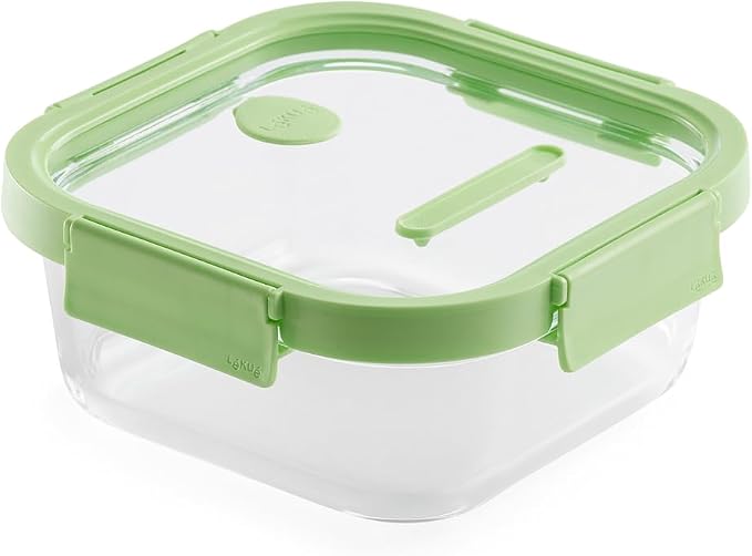 Lékué Square Glass Food Container with Airtight Lid & Steam Valve - 37oz - Borosilicate Glass & 100% Platinum Silicone Lidded Dish for Storage and Cooking - Microwave, Freezer & Dishwasher Safe by Lekue