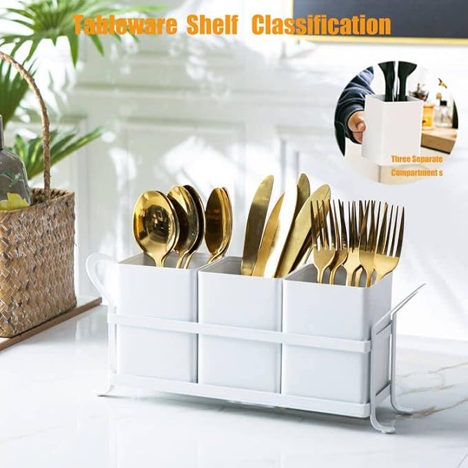 NelyBet White Metal Utensil Caddy, 3 Compartments, Portable Design, Perfect for Countertop, Outdoor, and Camping - Image 2
