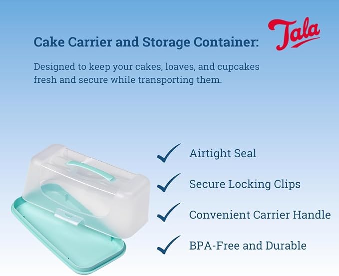 Tala Rectangular Cake Carrier and Storage Container, Ideal for Cakes, Loafs and Cupcakes, Airtight with Strong and Stable Base and Secure Locking Clips and Carrier Handle, BPA Free - Image 2