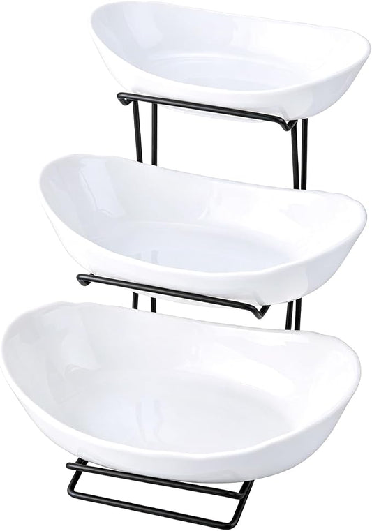 3 Tier Ceramic Fruit Basket for Kitchen Counter with Metal Stand, Fruit Bowls with Rack, Porcelain Bowls for Vegetable Bread Candy Snack Nuts Dessert Cake Tray by jessie