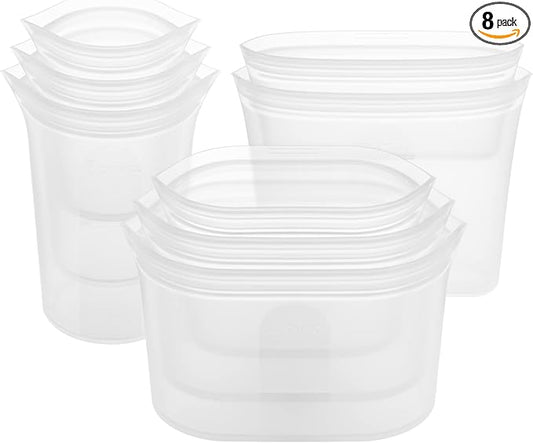 Zip Top Reusable Food Storage Containers Full Set of 8 Frost – Platinum Silicone Cups, Dishes & Bags – Microwave, Dishwasher & Freezer Safe – Made in USA, BPA-Free by ZipTop