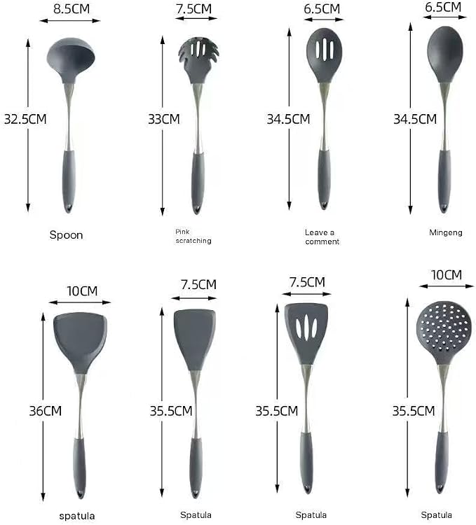 8-Piece Silicone Kitchen Utensil Set, Grey & silvery 304 Stainlss Steel, Heat Resistant Cooking Tools with Comfort Handles- Includes Spatula & Spoon for Nonstick Cookware (Grey & silvery) - Image 2