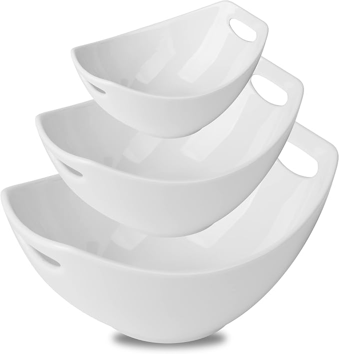 Gomakren Serving Bowls with Handles, Serving Dishes, Porcelain Salad Bowls Mixing Bowl for Entertaining, Nesting Bowl Set of 3, Microwave Dishwasher Safe, 15/28/47 oz, White | Set of 3 - 15/28/47oz, Multi-Size Nesting Bowls, Microwave Dishwasher Safe, ... by Gomakren